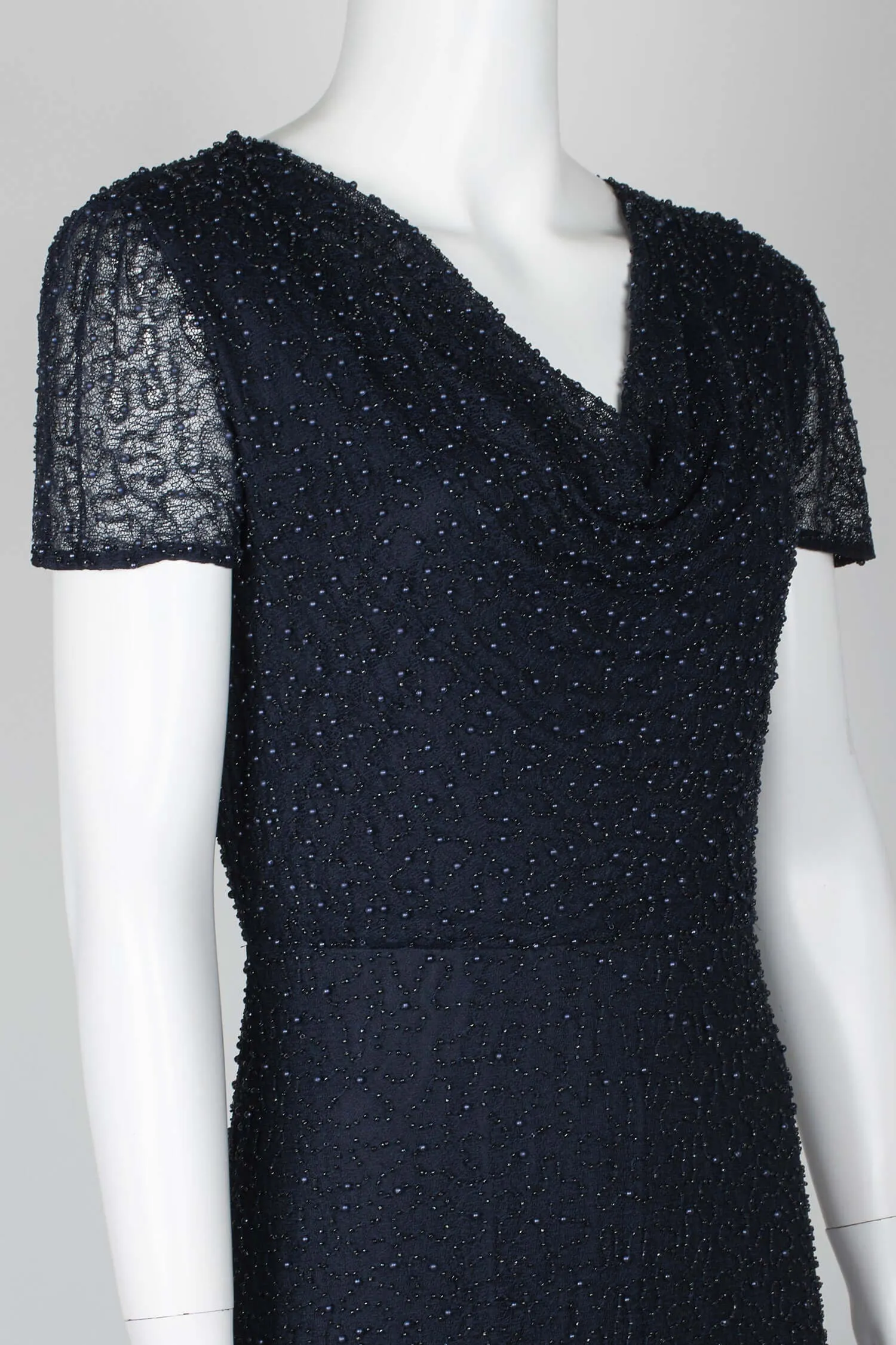 JS Collections Cowl Neck Short Sleeve Zipper Back Embellished Mesh Gown