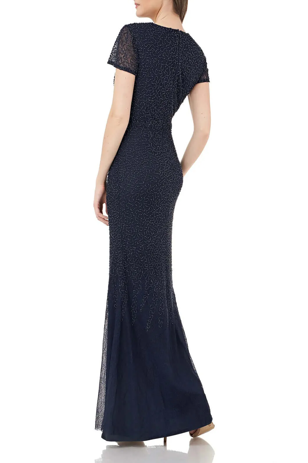 JS Collections Cowl Neck Short Sleeve Zipper Back Embellished Mesh Gown