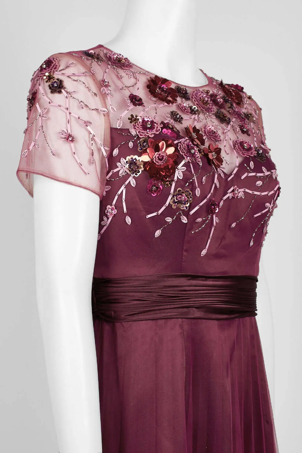 JS Collections Crew Neck Short Sleeve Embellished Bodice Ruched Waist Zipper Back Mesh Gown