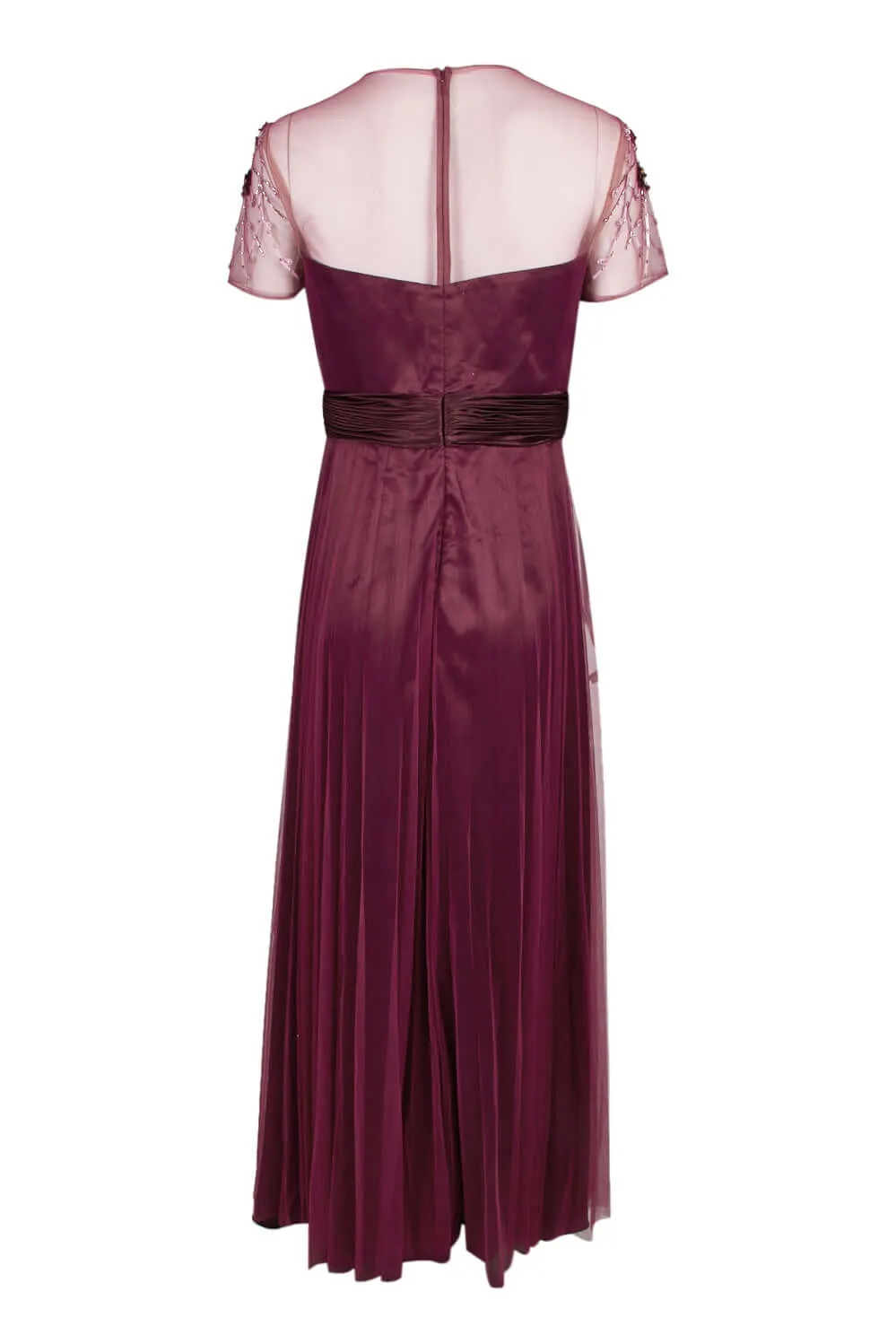 JS Collections Crew Neck Short Sleeve Embellished Bodice Ruched Waist Zipper Back Mesh Gown