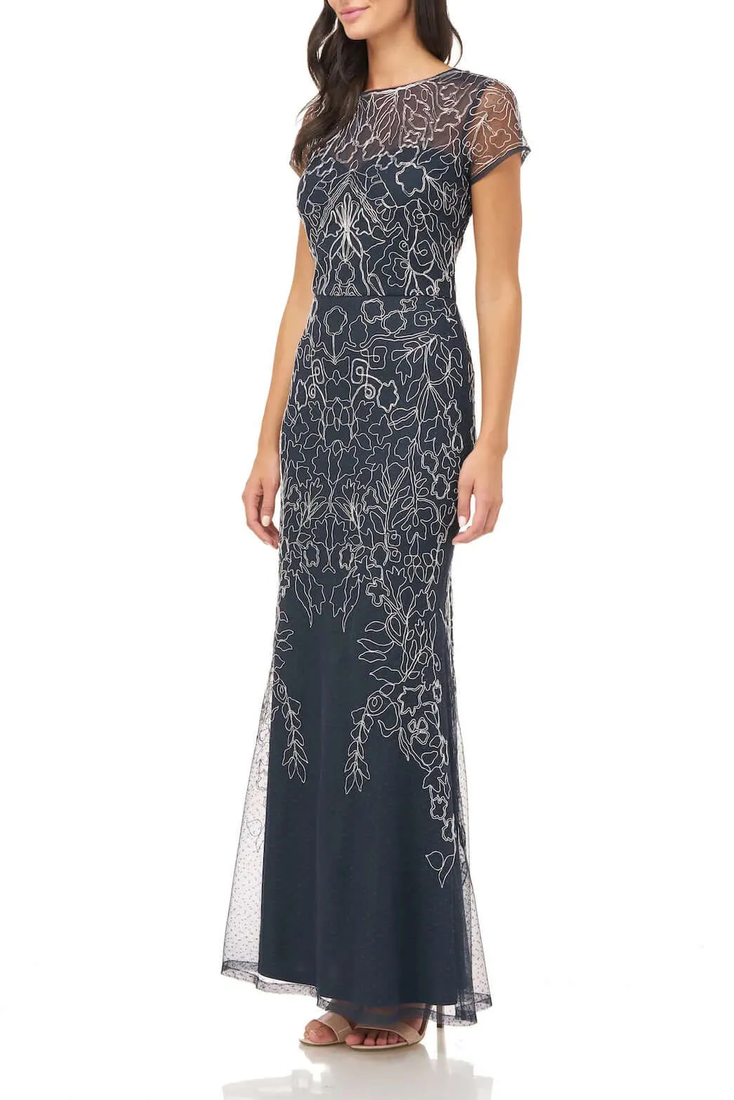 JS Collections Crew Neck Short Sleeve Illusion Keyhole Back Embellished Soutache Mesh Gown