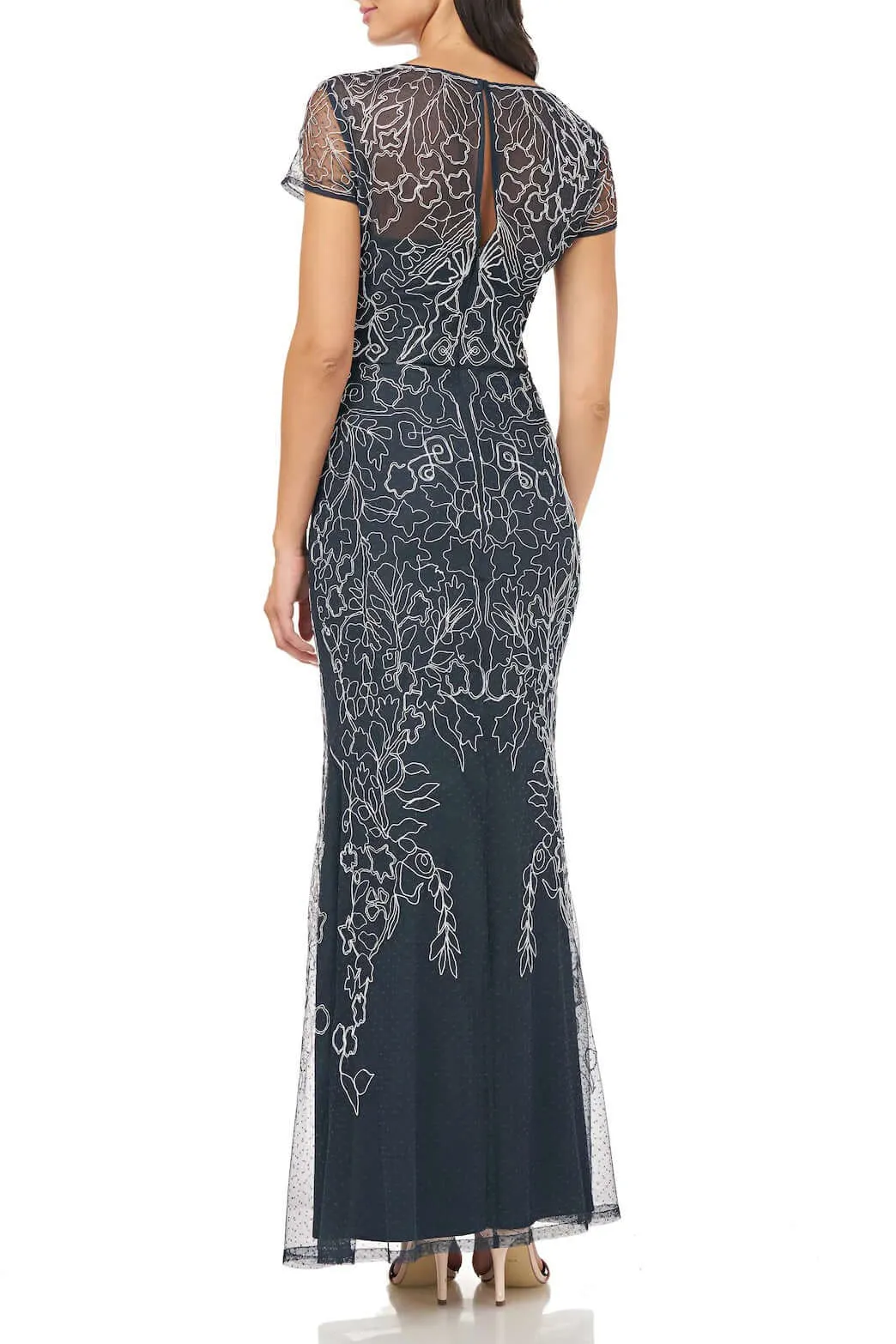 JS Collections Crew Neck Short Sleeve Illusion Keyhole Back Embellished Soutache Mesh Gown