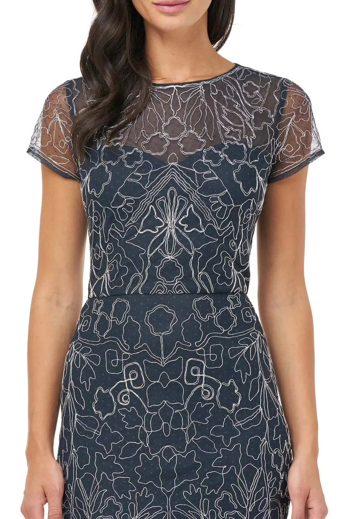JS Collections Crew Neck Short Sleeve Illusion Keyhole Back Embellished Soutache Mesh Gown