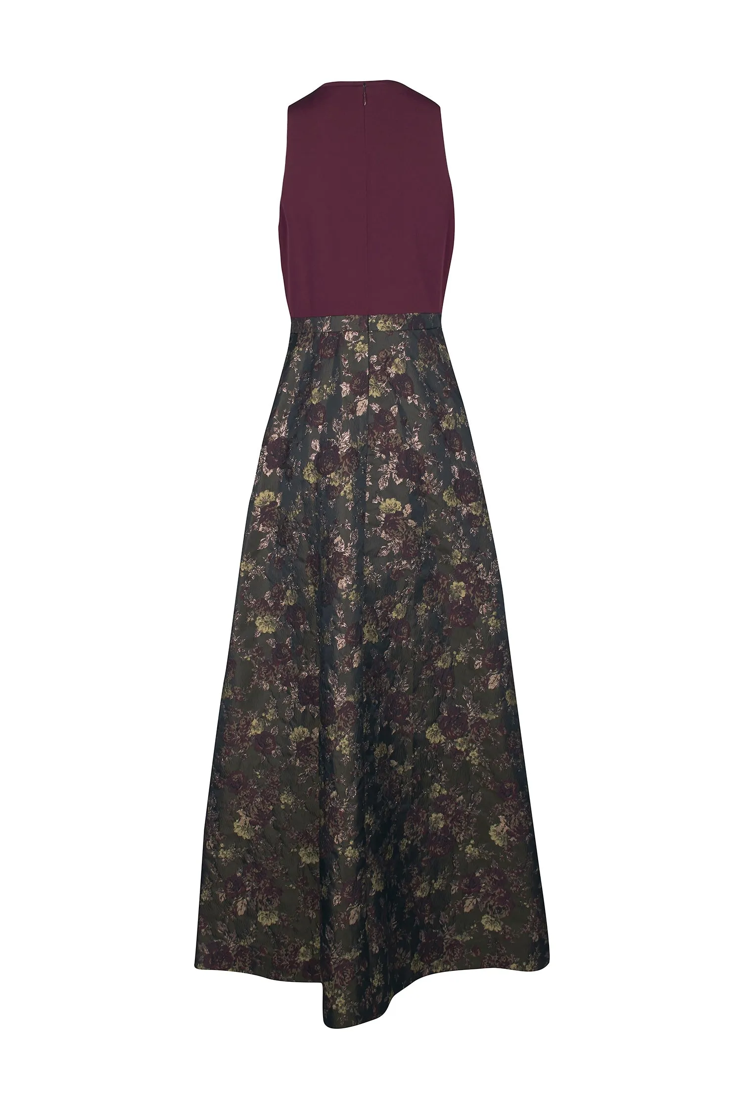 Kay Unger Mock Neck Cutaway Zipper Back Multi Print Jacquard Gown