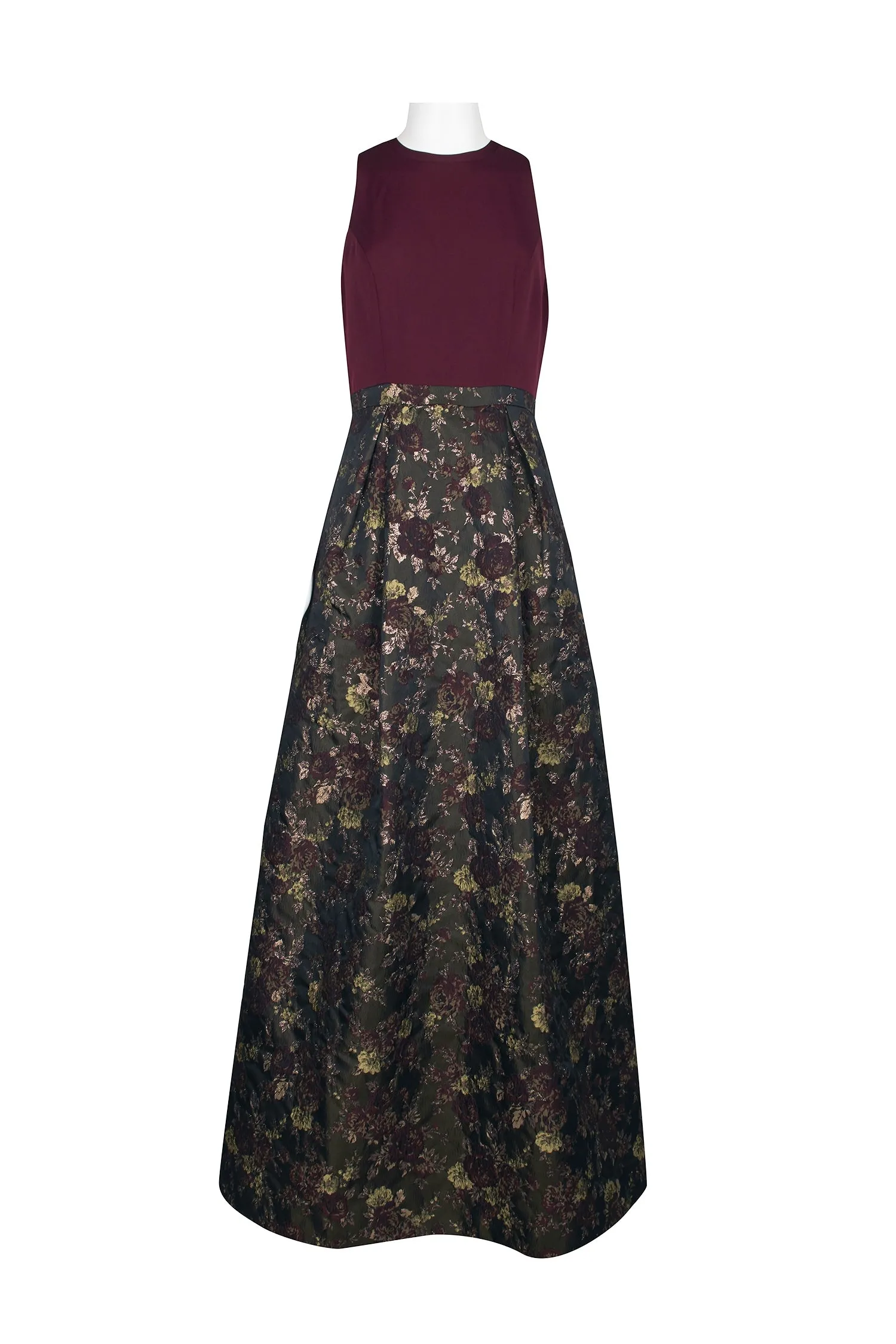 Kay Unger Mock Neck Cutaway Zipper Back Multi Print Jacquard Gown