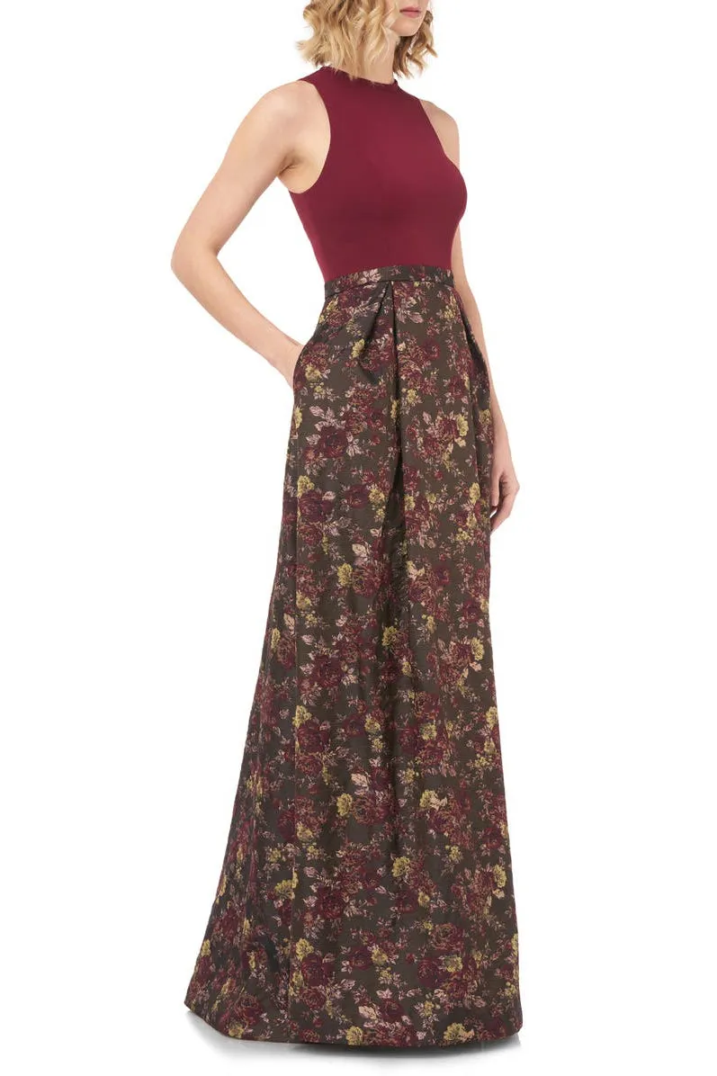 Kay Unger Mock Neck Cutaway Zipper Back Multi Print Jacquard Gown