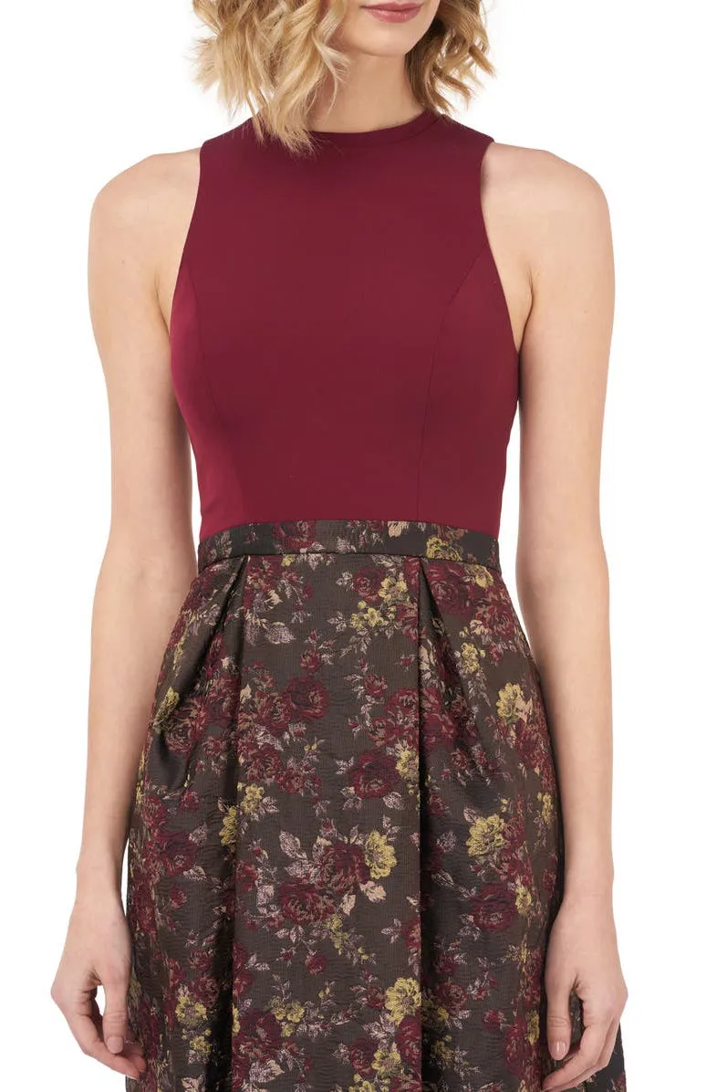 Kay Unger Mock Neck Cutaway Zipper Back Multi Print Jacquard Gown