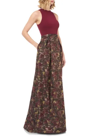 Kay Unger Mock Neck Cutaway Zipper Back Multi Print Jacquard Gown