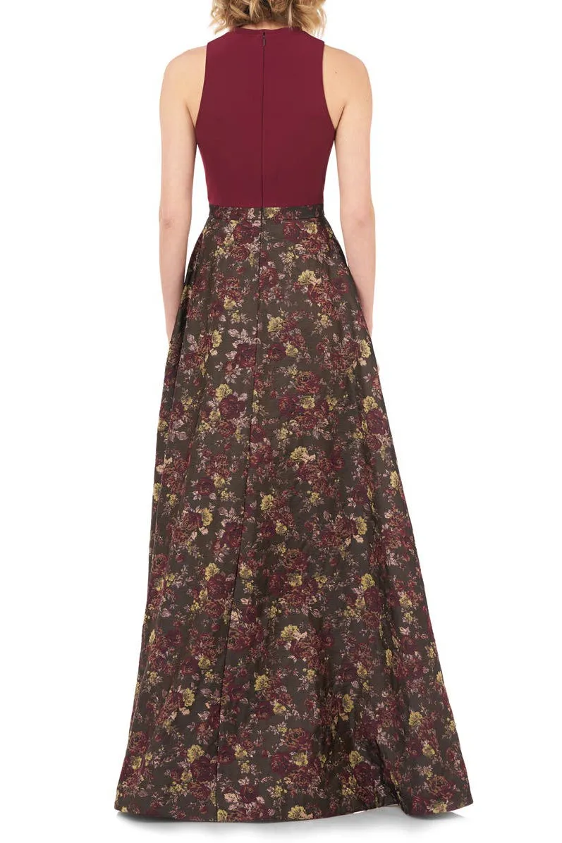 Kay Unger Mock Neck Cutaway Zipper Back Multi Print Jacquard Gown
