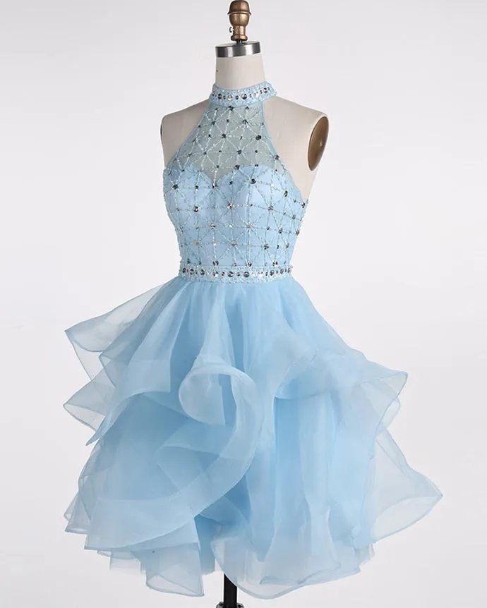 Light Blue Beaded Layers Knee Length Party Dress Blue Homecoming Dress Short Prom Dress