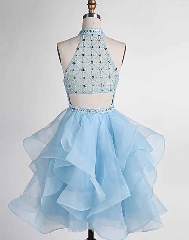Light Blue Beaded Layers Knee Length Party Dress Blue Homecoming Dress Short Prom Dress