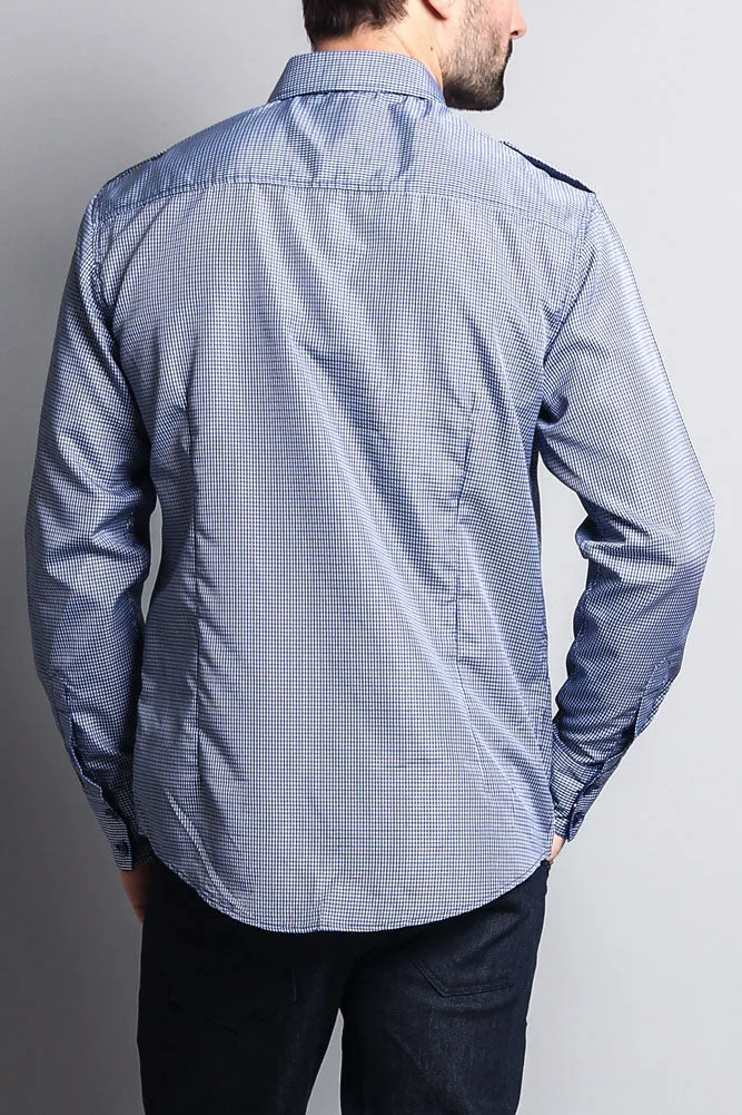 Long Sleeve Checkered Embroidered 22 Button Up Shirt