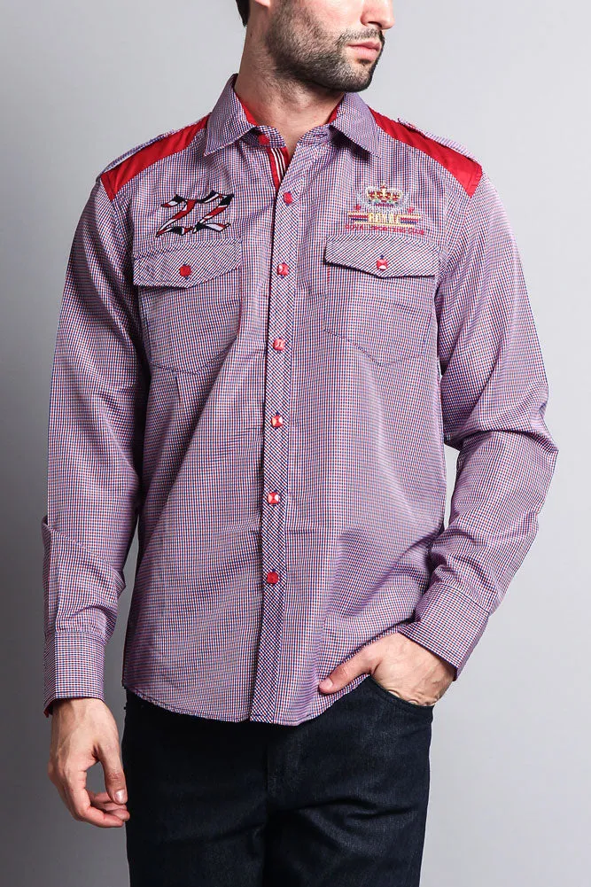 Long Sleeve Checkered Embroidered 22 Button Up Shirt