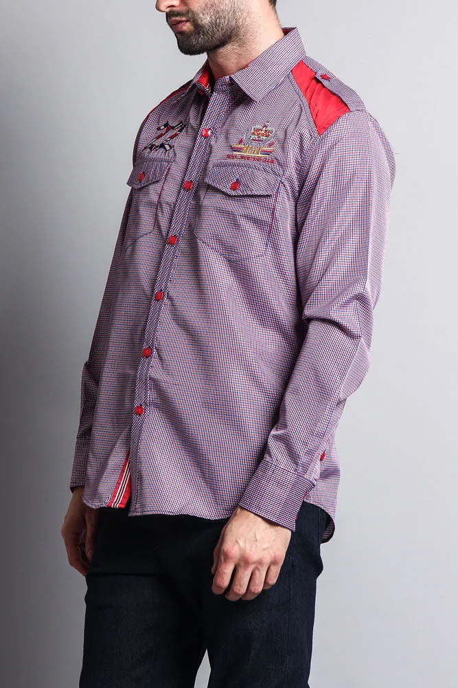 Long Sleeve Checkered Embroidered 22 Button Up Shirt