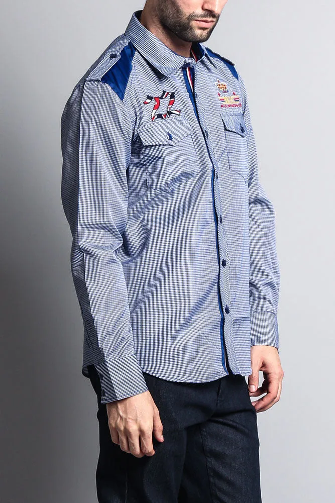 Long Sleeve Checkered Embroidered 22 Button Up Shirt