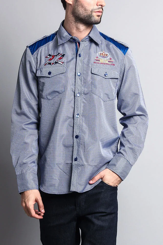 Long Sleeve Checkered Embroidered 22 Button Up Shirt