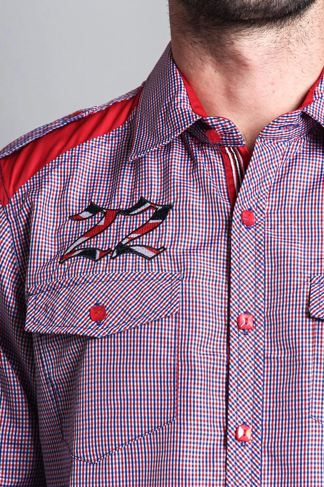 Long Sleeve Checkered Embroidered 22 Button Up Shirt