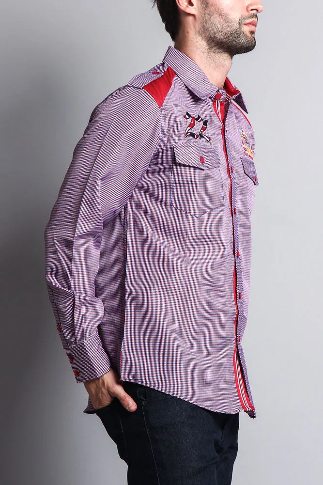 Long Sleeve Checkered Embroidered 22 Button Up Shirt