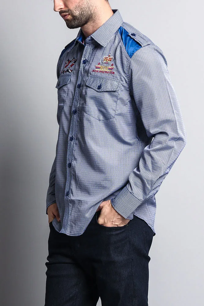 Long Sleeve Checkered Embroidered 22 Button Up Shirt