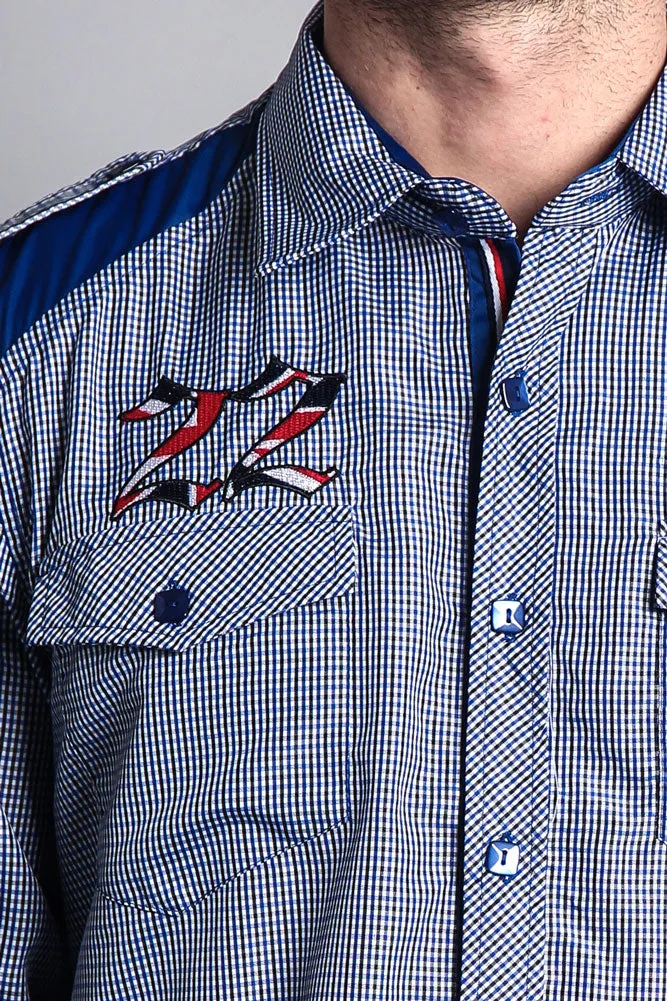 Long Sleeve Checkered Embroidered 22 Button Up Shirt