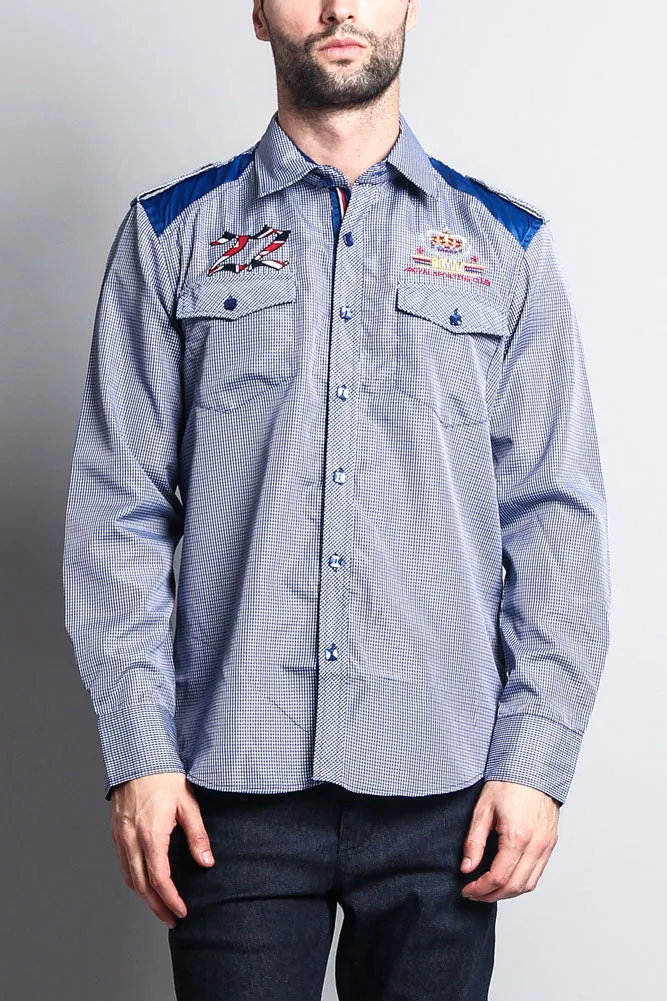 Long Sleeve Checkered Embroidered 22 Button Up Shirt