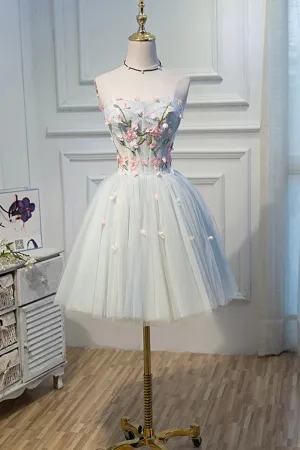 Lovely Strapless Tulle Lace Knee Length Prom Dress A-Line Party Dress