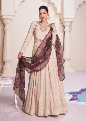 Lucknowi Style Embroidered Beige Georgette Wedding Anarkali Gown