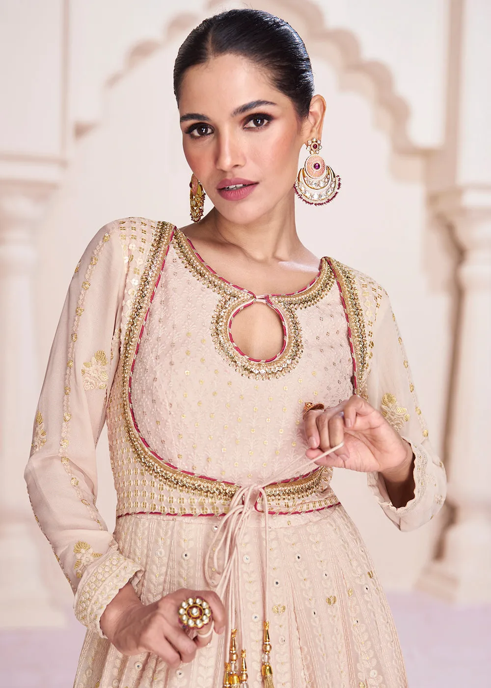 Lucknowi Style Embroidered Beige Georgette Wedding Anarkali Gown