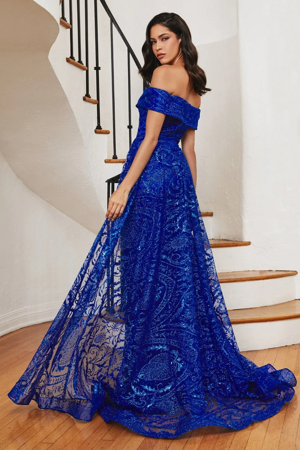 Marleigh Off the Shoulder Lace Overskirt Prom Gown 740836ER-Royal LaDivine J836 Cinderella Divine J836