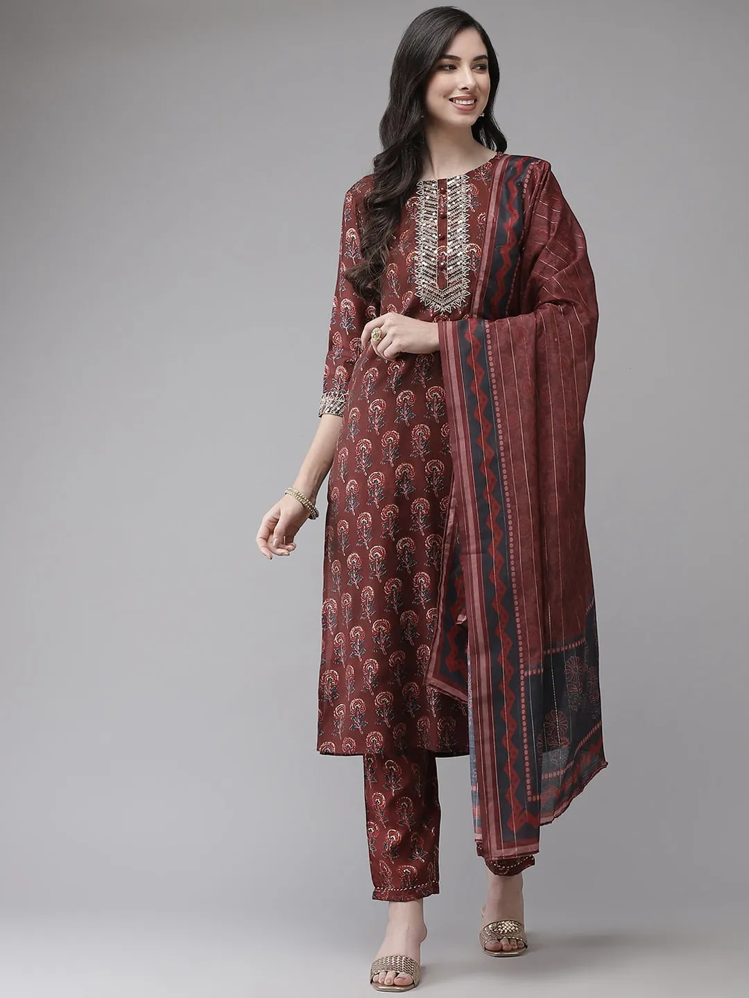 Maroon Floral Printed Dupatta Set