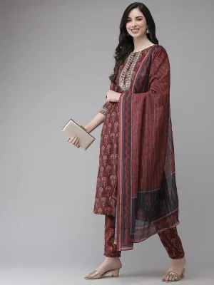 Maroon Floral Printed Dupatta Set