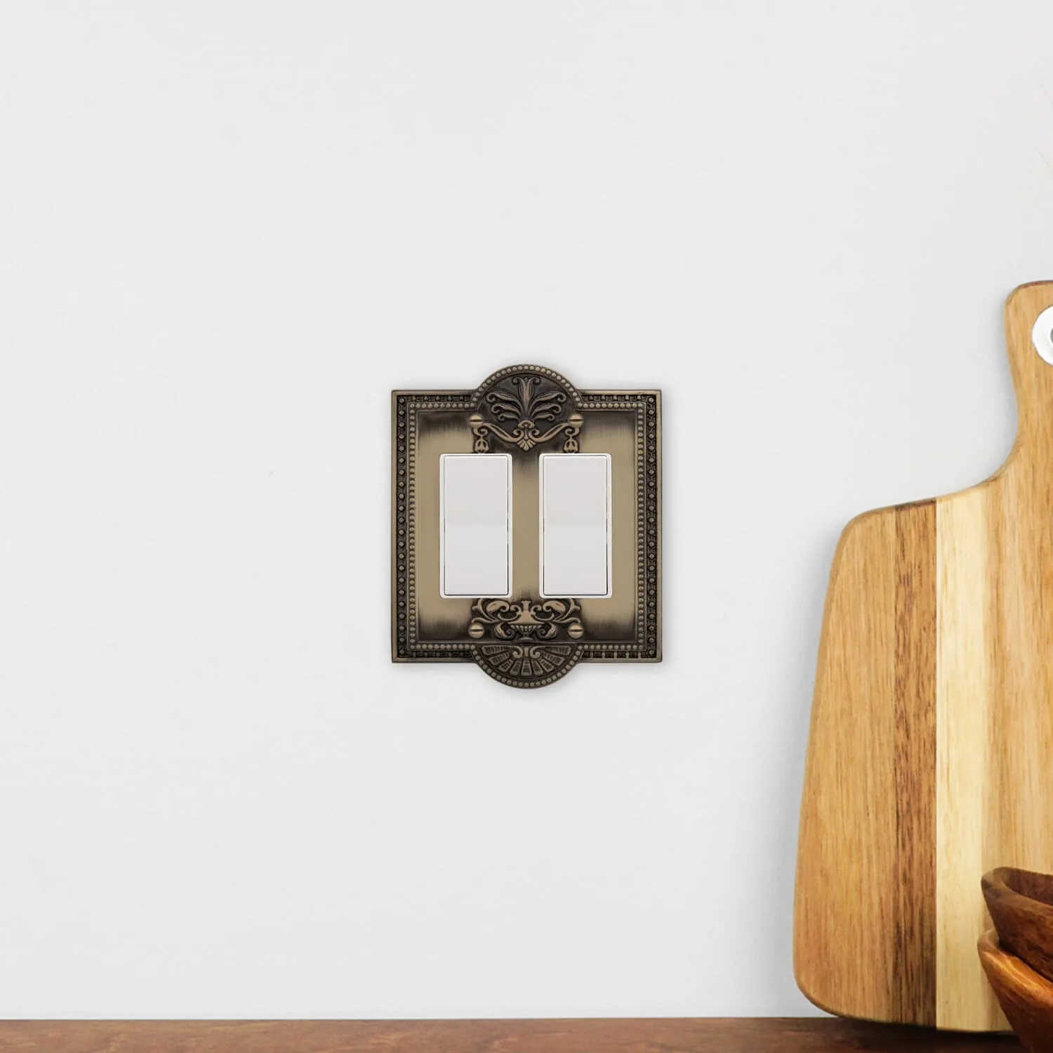 Meadows Switch Plate with Double Rocker in Antique Brass