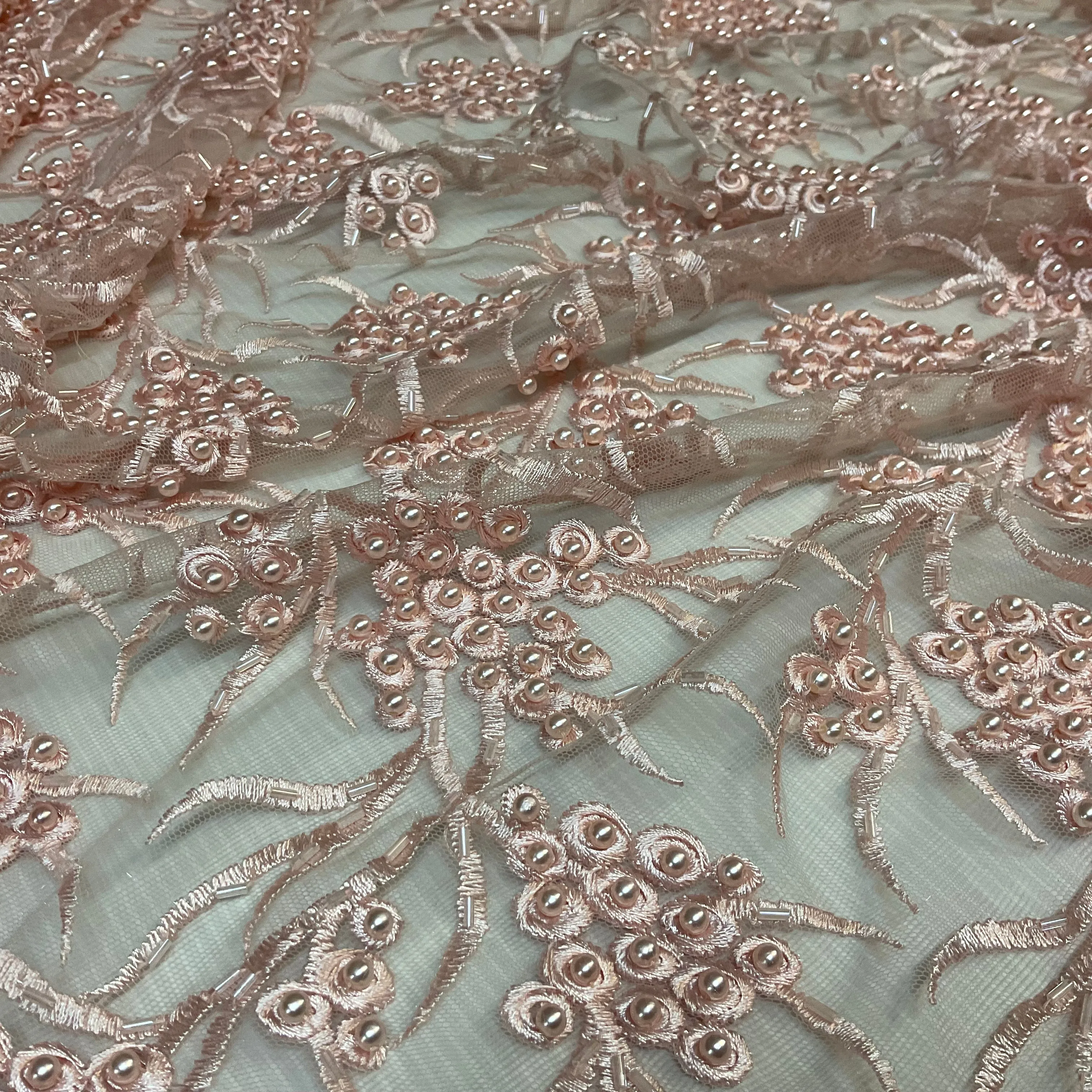Pale Pink embroidery lace with pale pink faux pearls and pale pink bungle beads - Double scalloped border Fabric - M1400-36