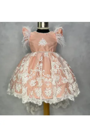 Peach and white embroidered net high low dress