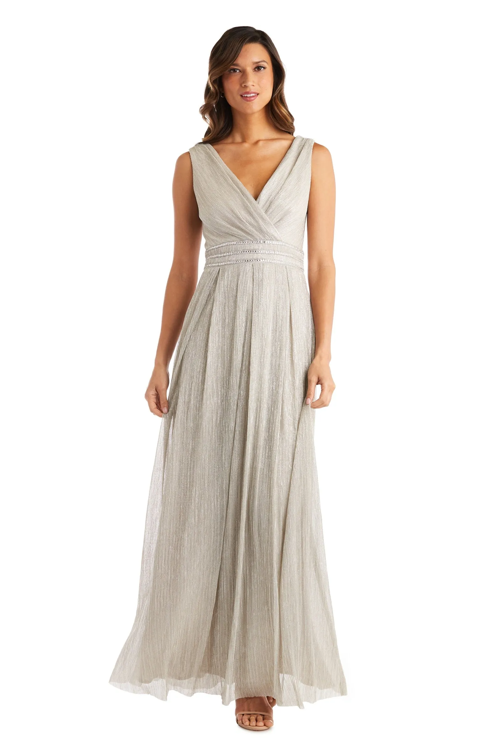 Petite Sleeveless Crinkle Rhinestone Waist Gown- Evening Gown