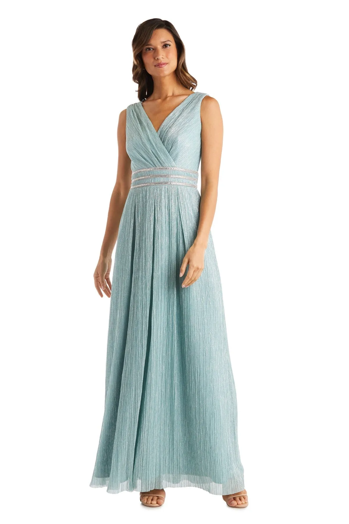 Petite Sleeveless Crinkle Rhinestone Waist Gown- Evening Gown