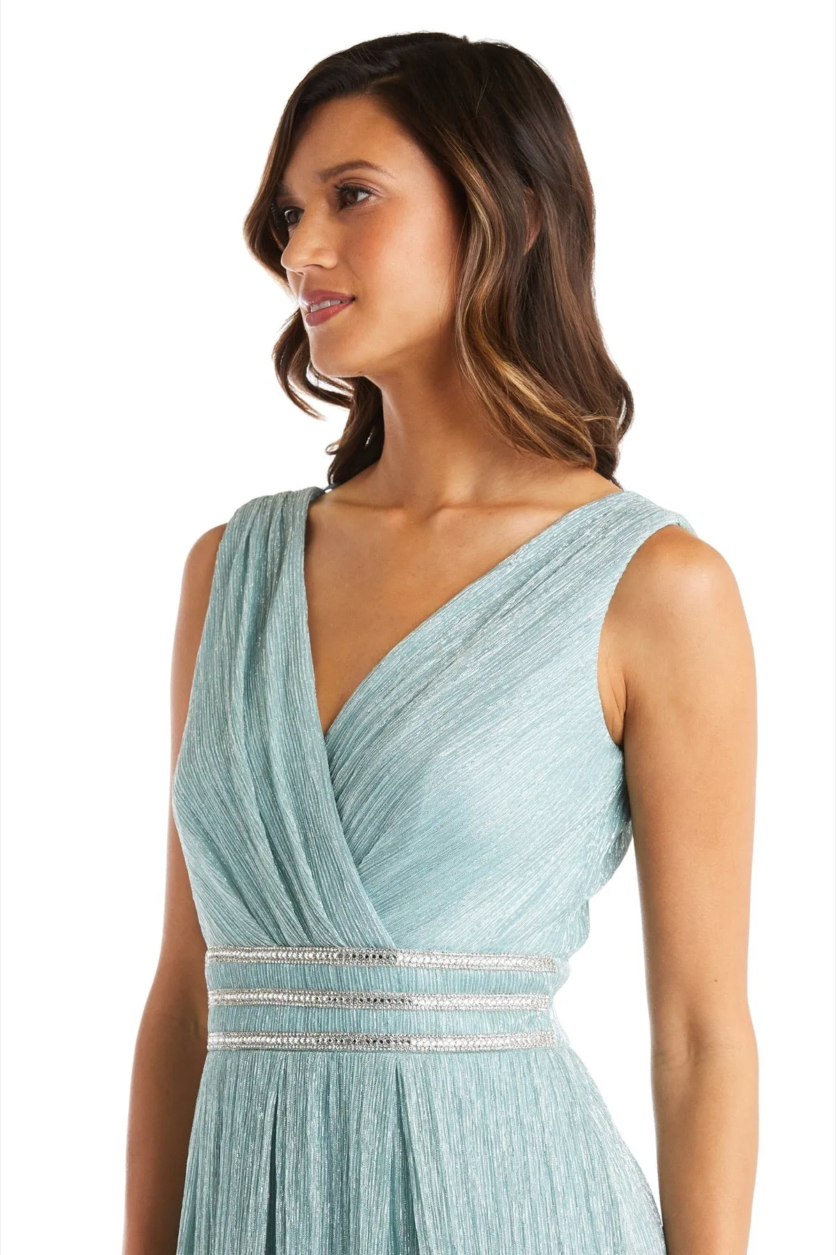 Petite Sleeveless Crinkle Rhinestone Waist Gown- Evening Gown