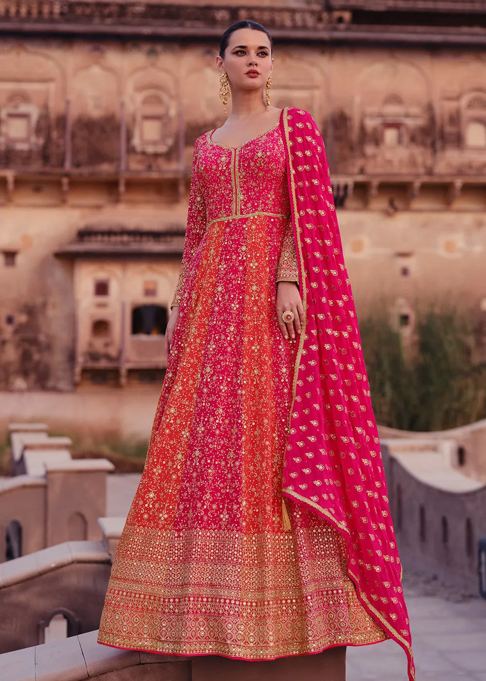 Pink & Orange Heavy Georgette Floor Length Anarkali Gown