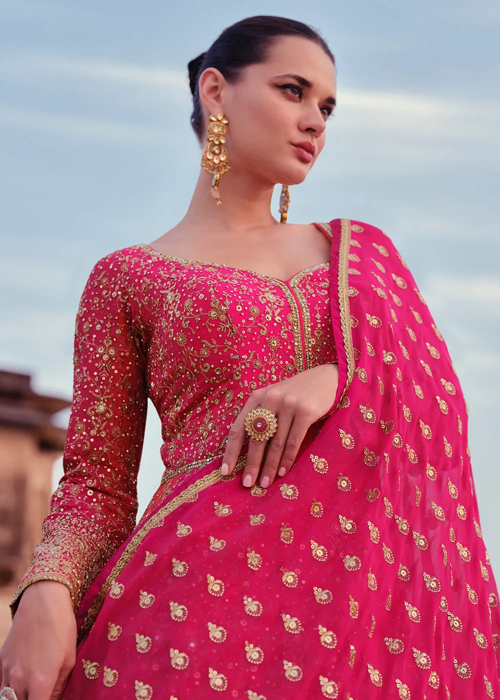 Pink & Orange Heavy Georgette Floor Length Anarkali Gown