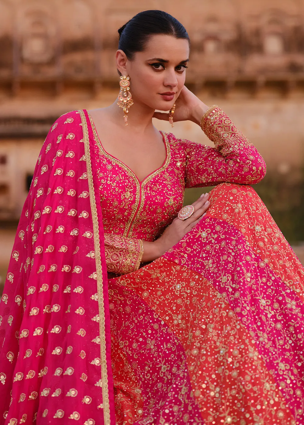 Pink & Orange Heavy Georgette Floor Length Anarkali Gown