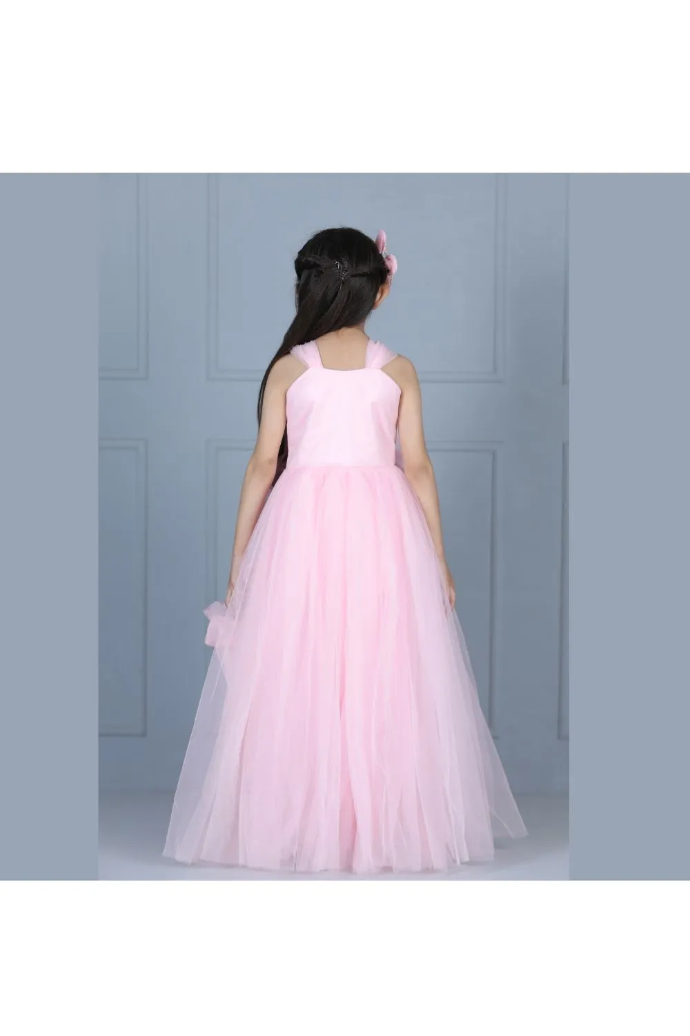 Pink Bead Embroidered Flower Detailing Net Gown