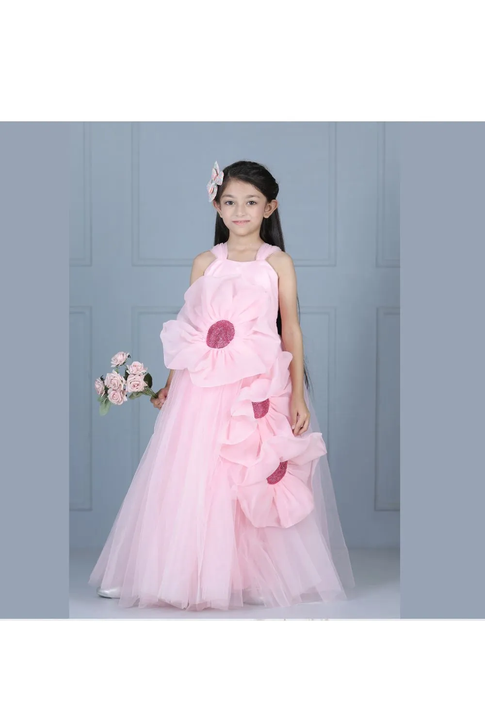 Pink Bead Embroidered Flower Detailing Net Gown