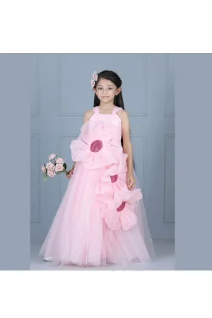 Pink Bead Embroidered Flower Detailing Net Gown