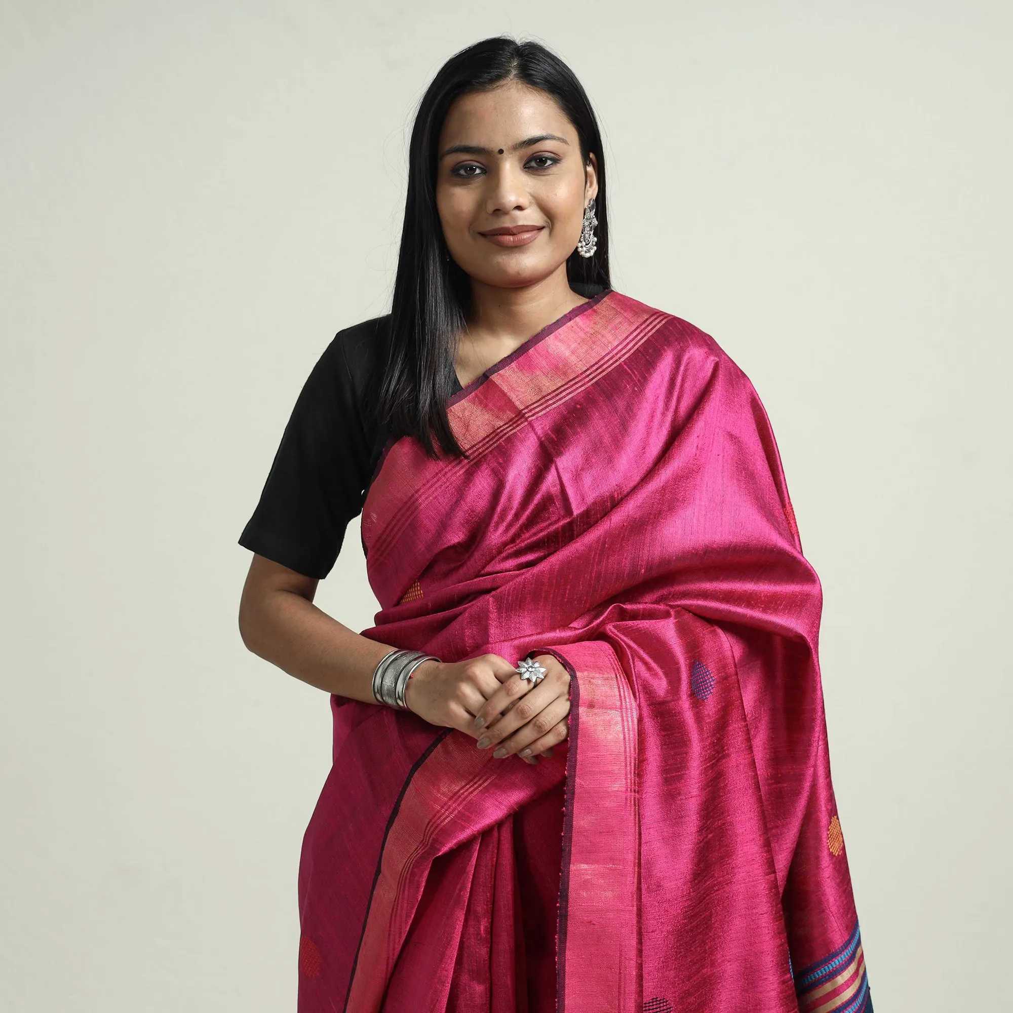 Pink - Bhagalpuri Pure Desi Tussar Silk Handloom Saree with Zari Border