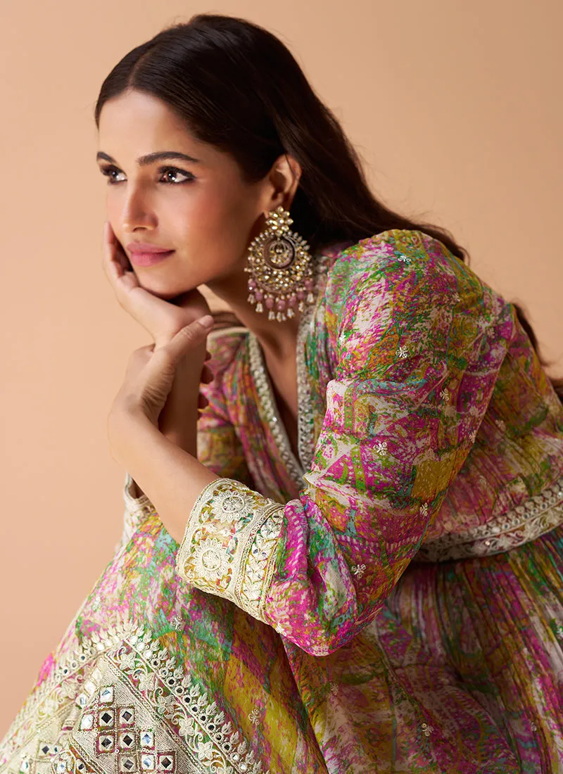 Pink Foil Mirror Embroidered Printed Anarkali Gown