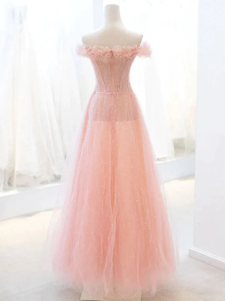 Pink Tulle A-line Long Prom Dress with Sequins, Off Shoulder Evening Dresses