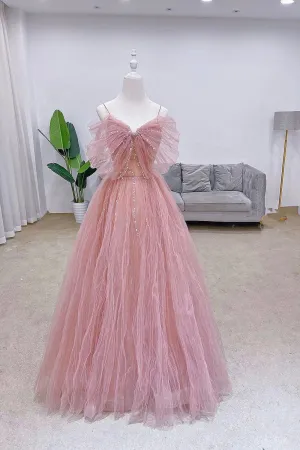 Pink Tulle Sequins Long Prom Dress Cute A-Line Evening Dress
