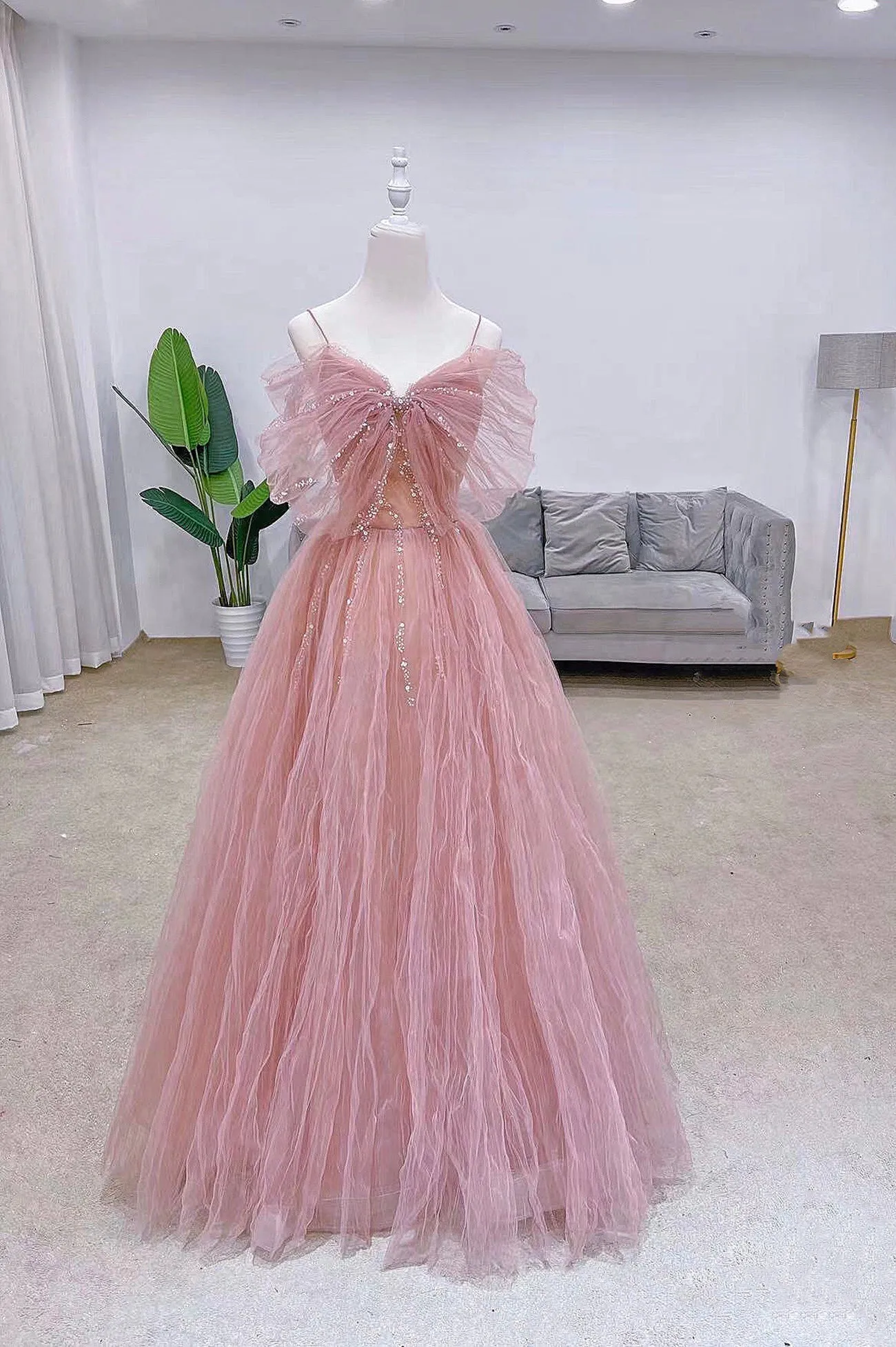 Pink Tulle Sequins Long Prom Dress Cute A-Line Evening Dress