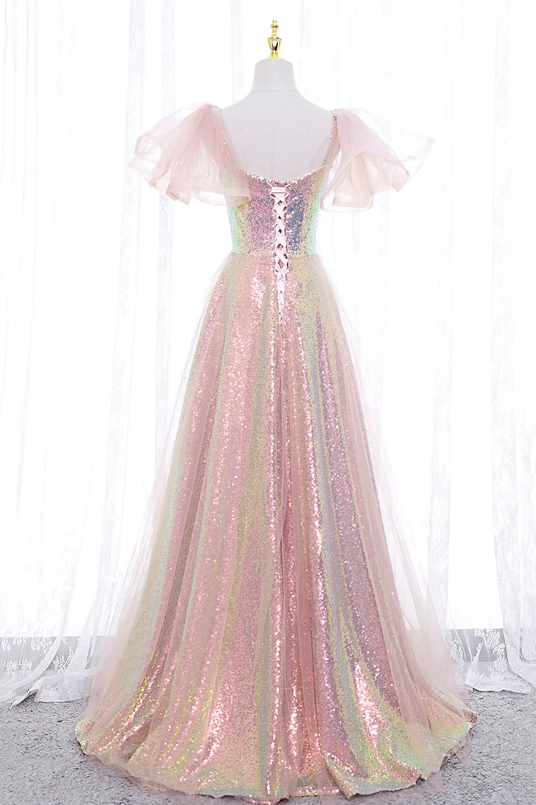 Pink Tulle Sequins Long Prom Dress, Cute Short Sleeve Evening Dress