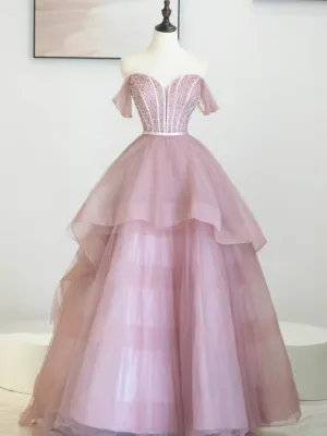 Pink Tulle Sequins Long Prom Dress Off Shoulder Evening Dress